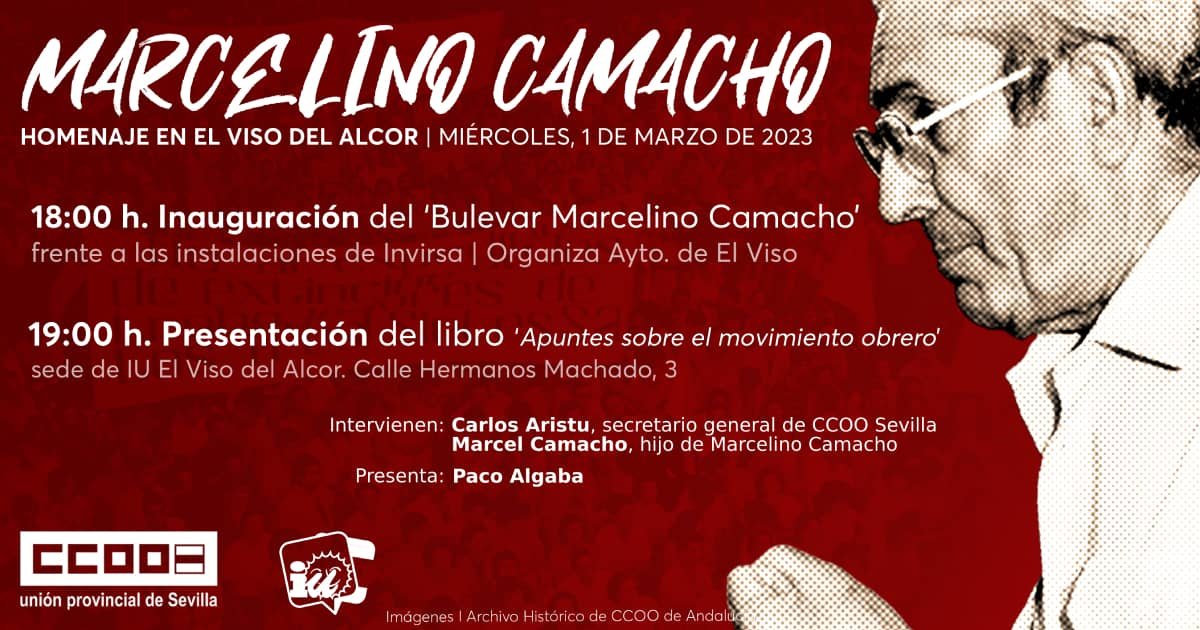 Cartel anunciando actividades para el 1 de marzo sobre Marcelino Camacho en El Viso del Alcor